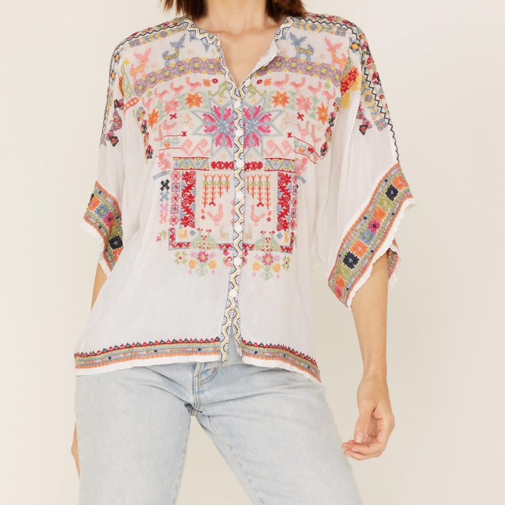 Johnny Was Xylia Embroidered Button Front Blouse Size L